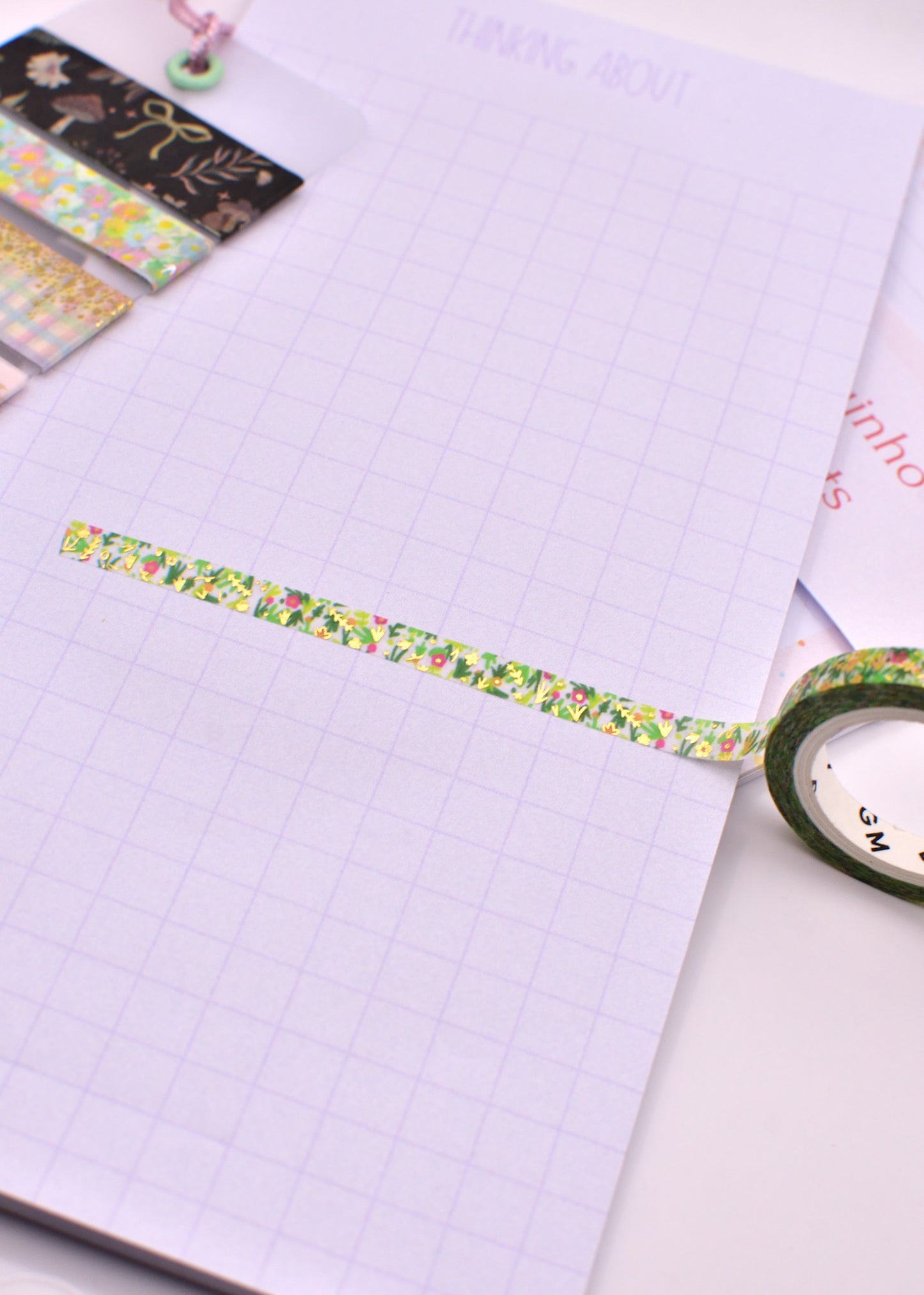 Amostra de Washi Tape - BGM 5mm - Flores e Foil Dourado
