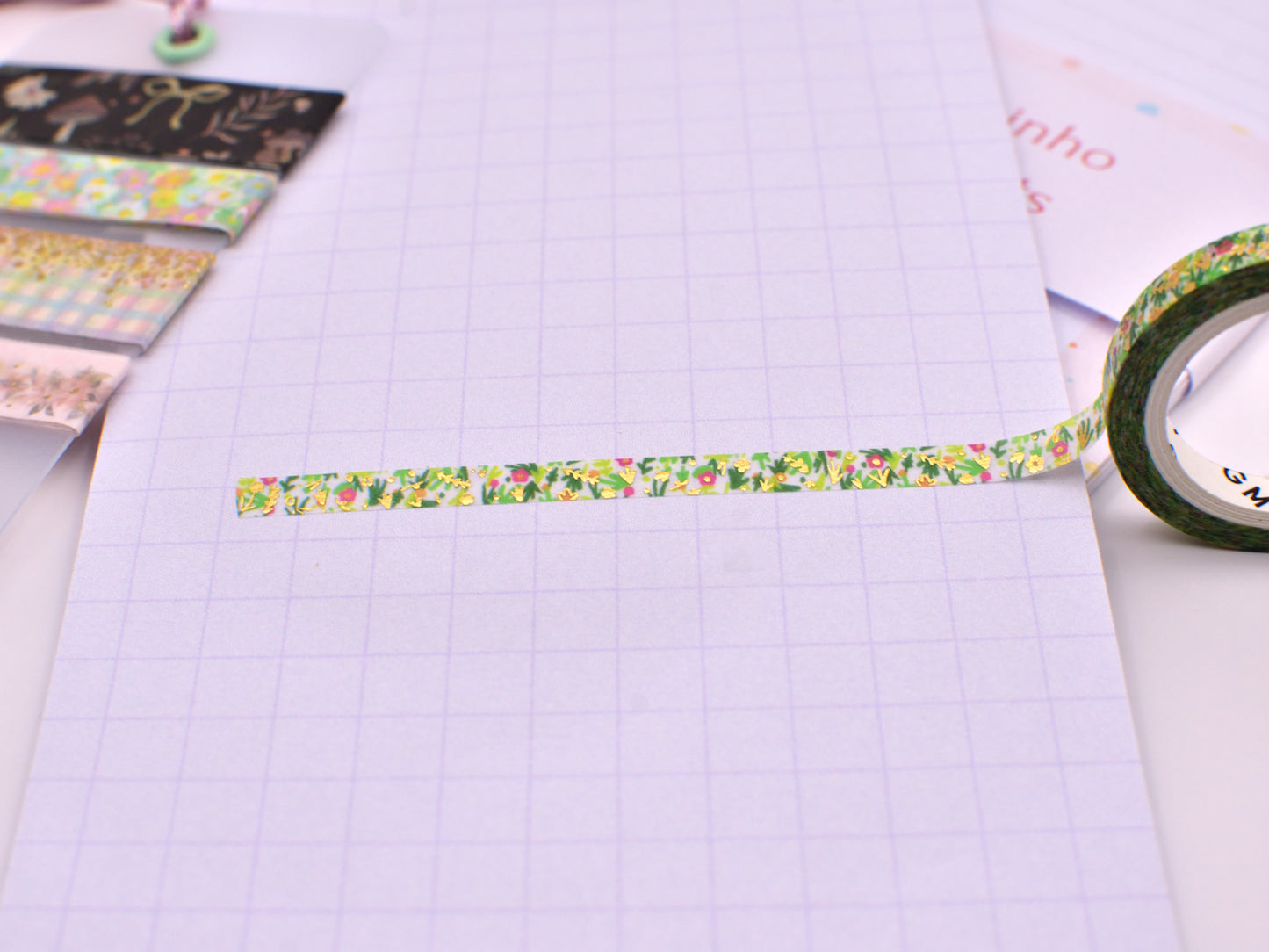 Amostra de Washi Tape - BGM 5mm - Flores e Foil Dourado