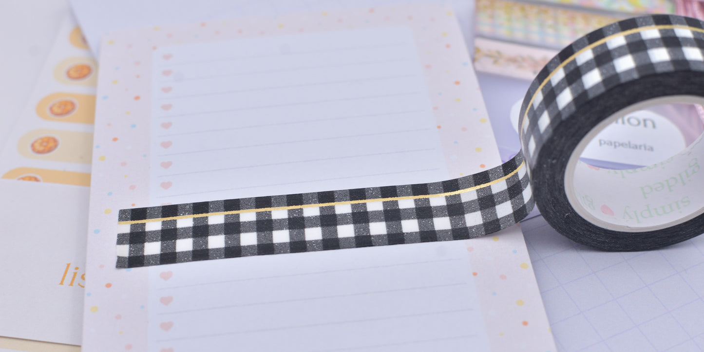 Amostra de Washi Tape - Simply Gilded 15 mm - Classic Black&White Buffalo Plaid Simple Line