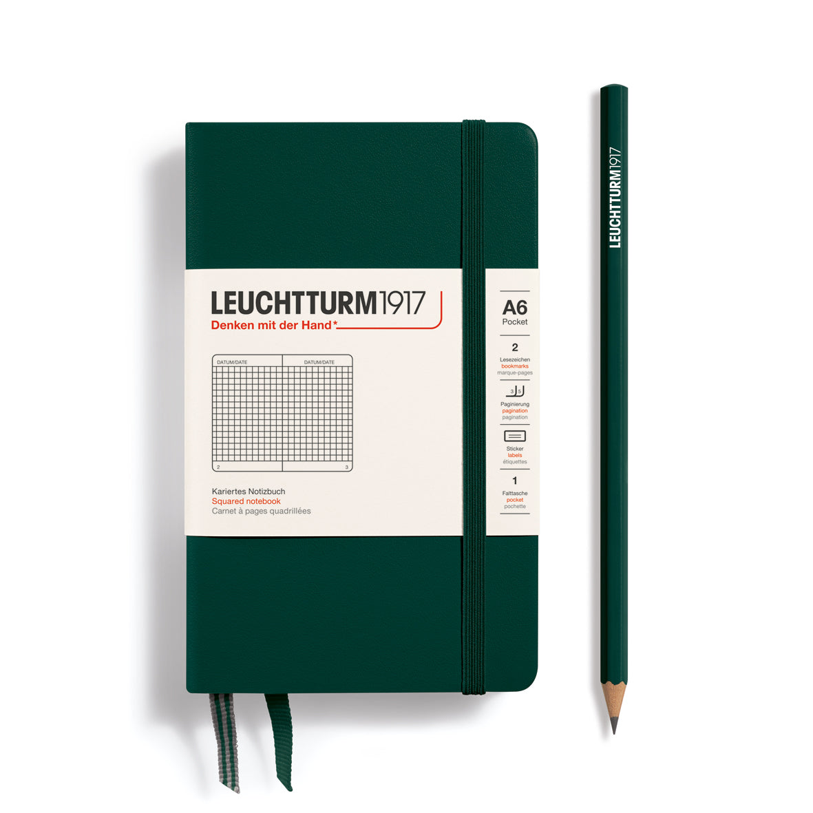 Caderno Leuchtturm1917 Pocket (A6) Quadriculado, 187 páginas, Capa Dura, Forest Green